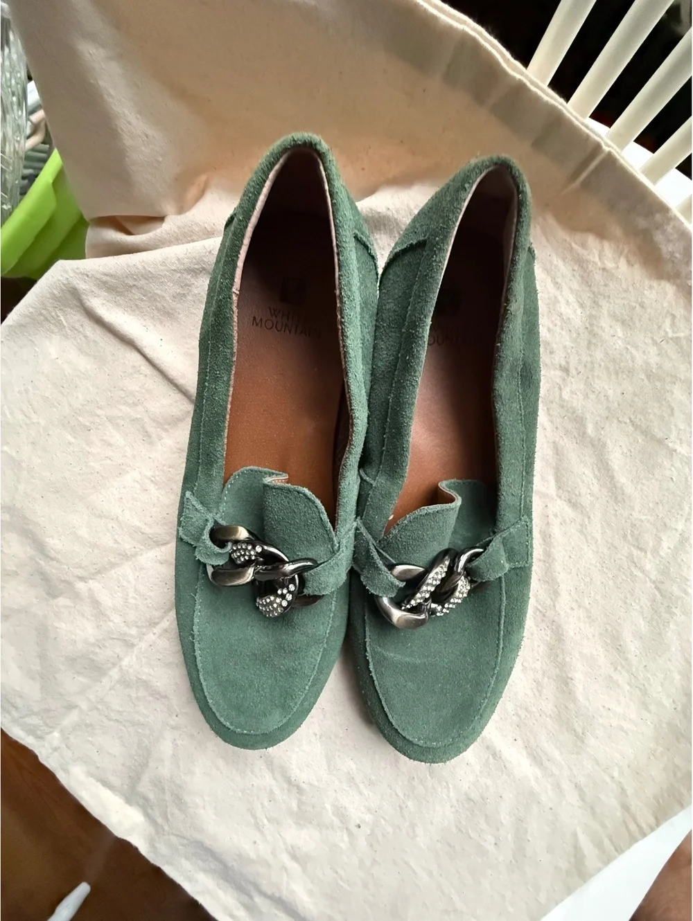 White Mountain Green Suede Loafers with Rhinestone Chain Detail, Size 7M